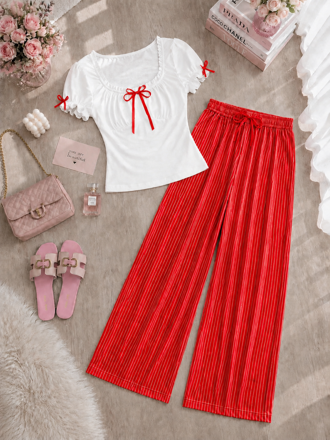 NO1274# Women bow detail pajama set wholesale thumbnail 2
