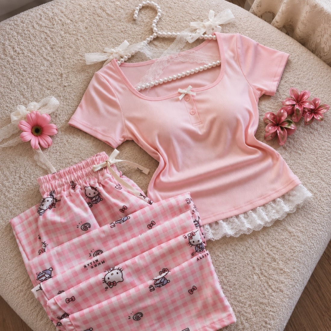 NO710# Women pink lace trim pajama set wholesale for Middle East wholesale buyers