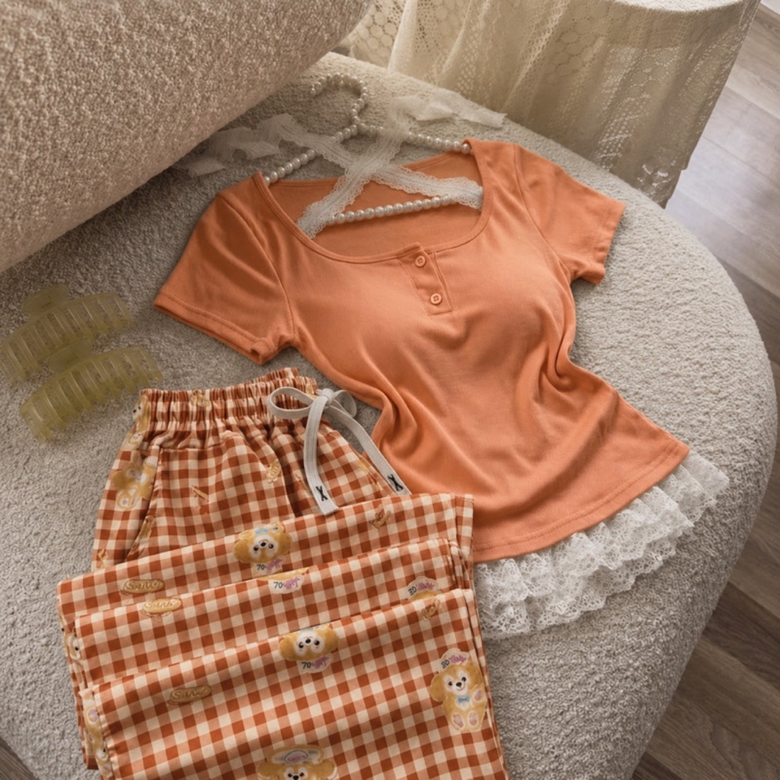 NO710# Women pink lace trim pajama set wholesale wholesale product image 2